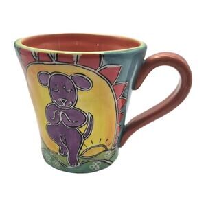 Yoga Dog Mug Handpainted Orange Blue 18oz Studio Designworks 4.5"